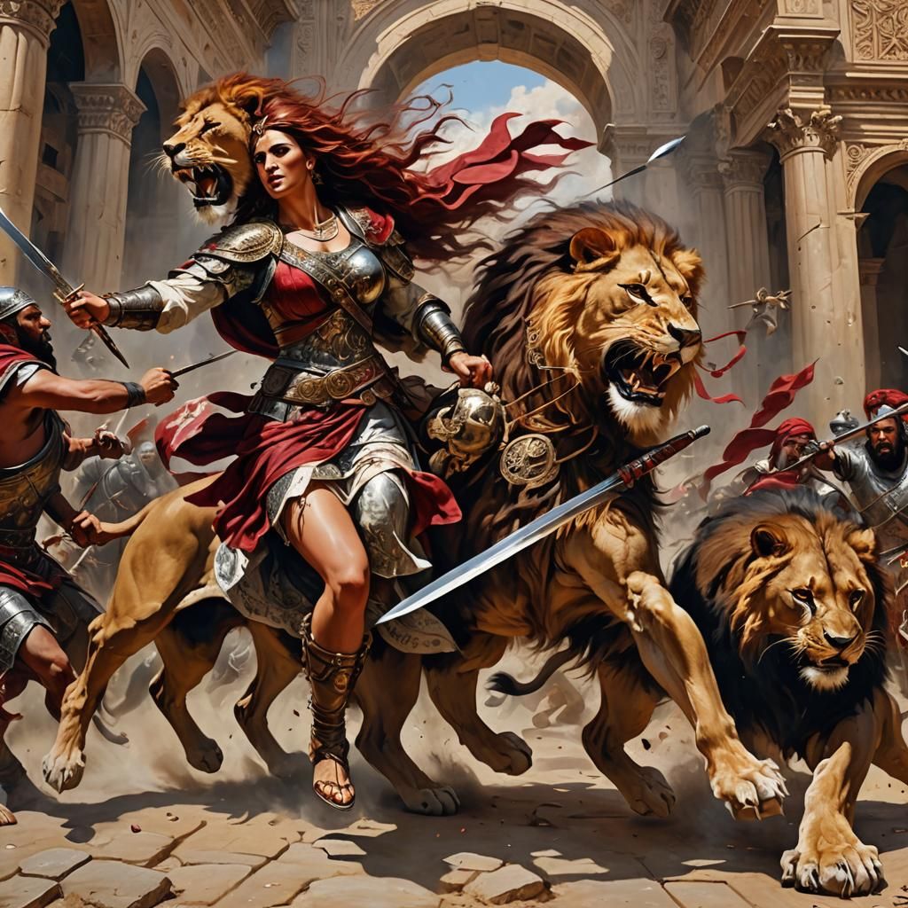 Arab Warrior Woman Battles Lion in Digital Painting