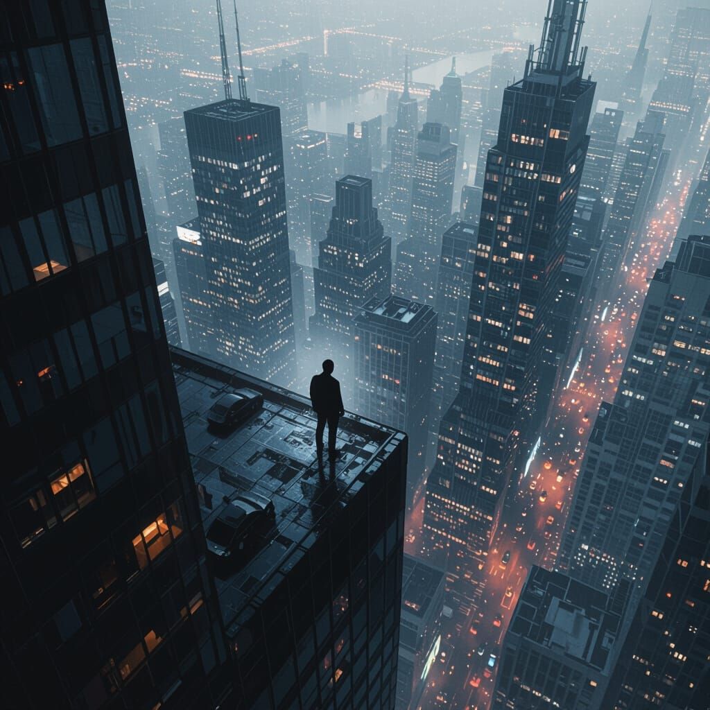 Lone Figure Gazing Over City in Cinematic Style