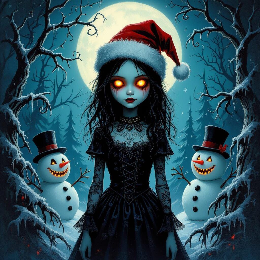 Gothic Christmas Eve with Mysterious Girl and Living Snowmen