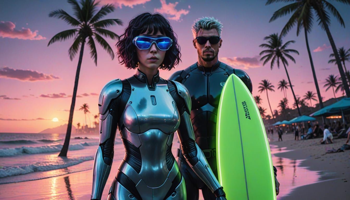 Cyberpunk Beach Scene with Cyborgs on Vacation