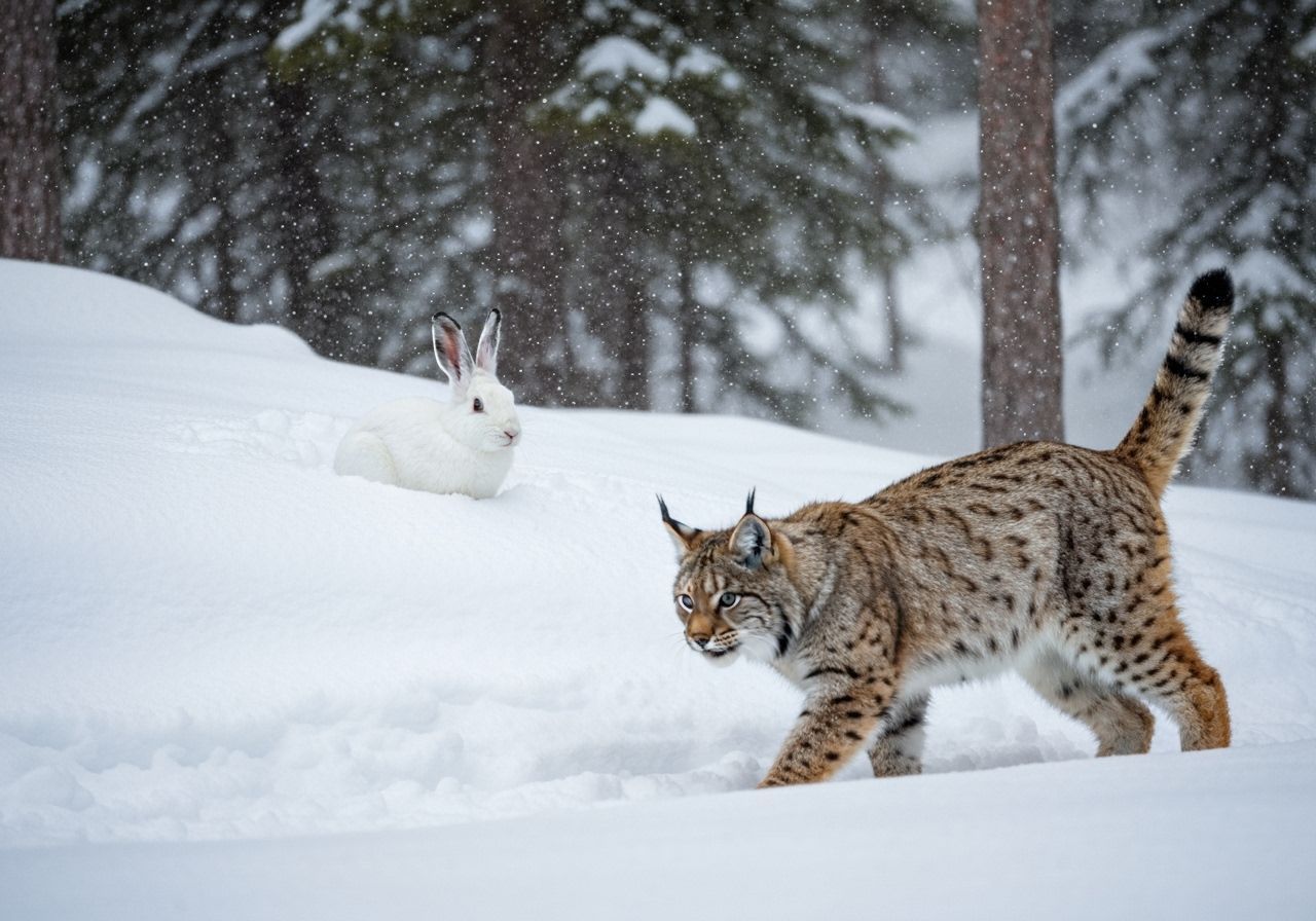 Camouflaged Hare in Winter Snowstorm Scene