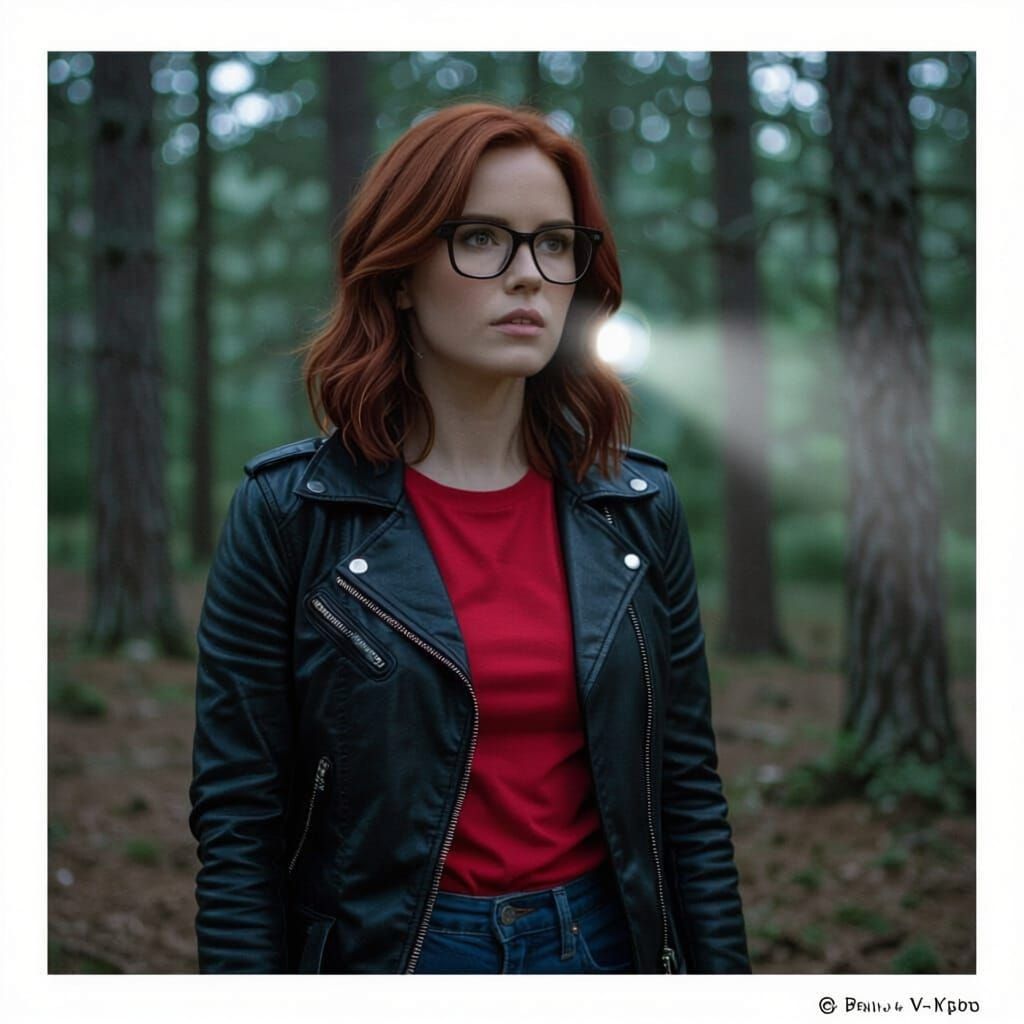 Woman in Woods at Night with Flashlight