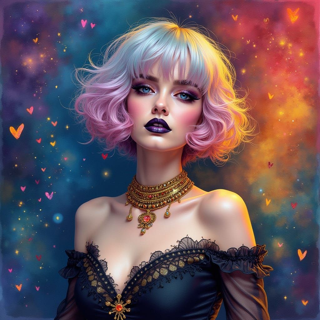 Ethereal Cosmic Goddess in Vibrant Rainbow Spotlight