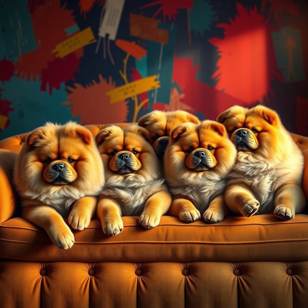 Four Chow Chows at Ease on Plush Velvet Sofa