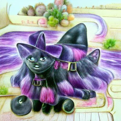 Purple and Black Cat in Pastel Art Style