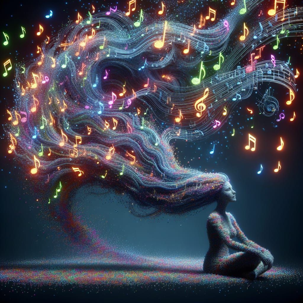 Musical Symphony: Woman with Flowing Note Hair