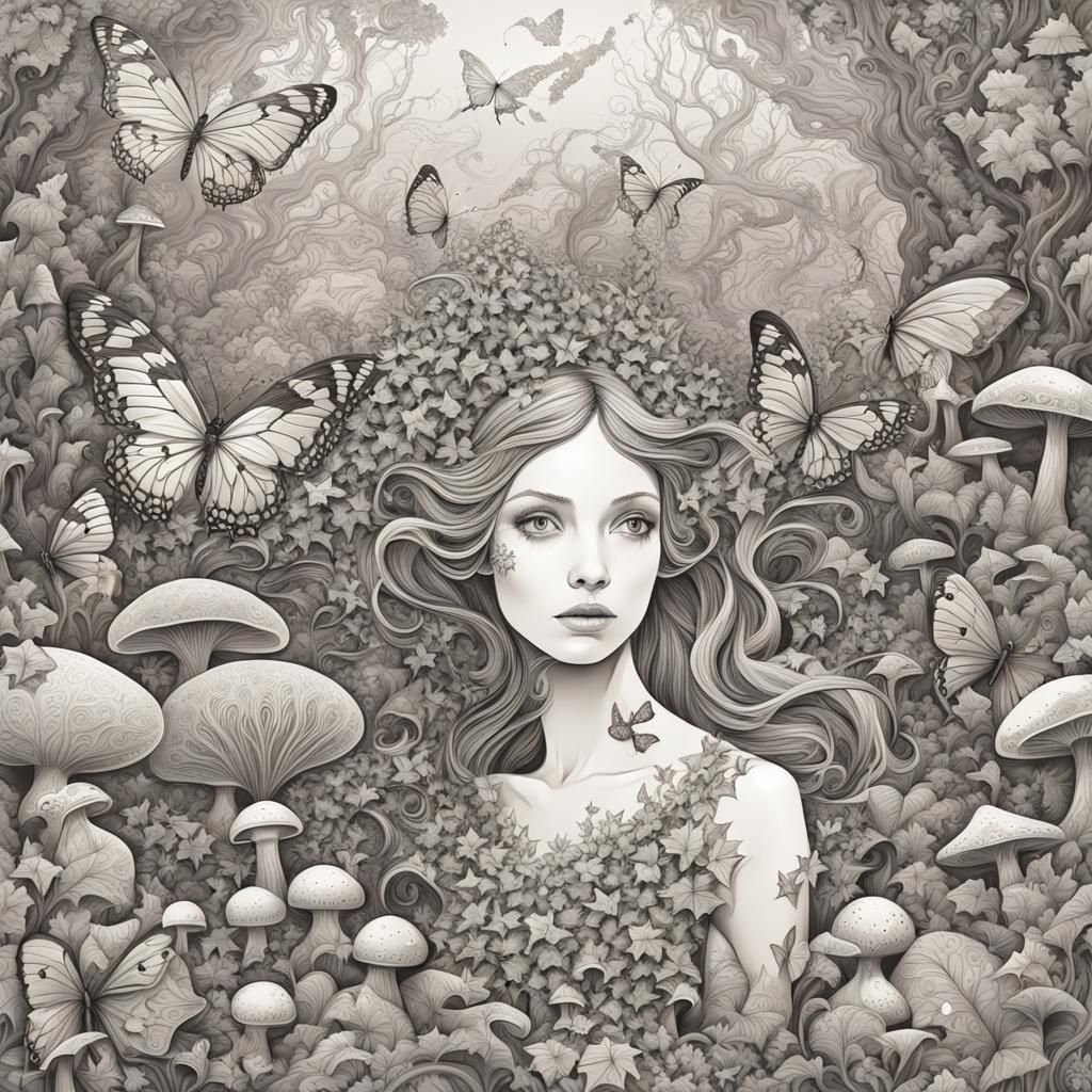 Fairy Woman in Woods with Butterflies and Animals