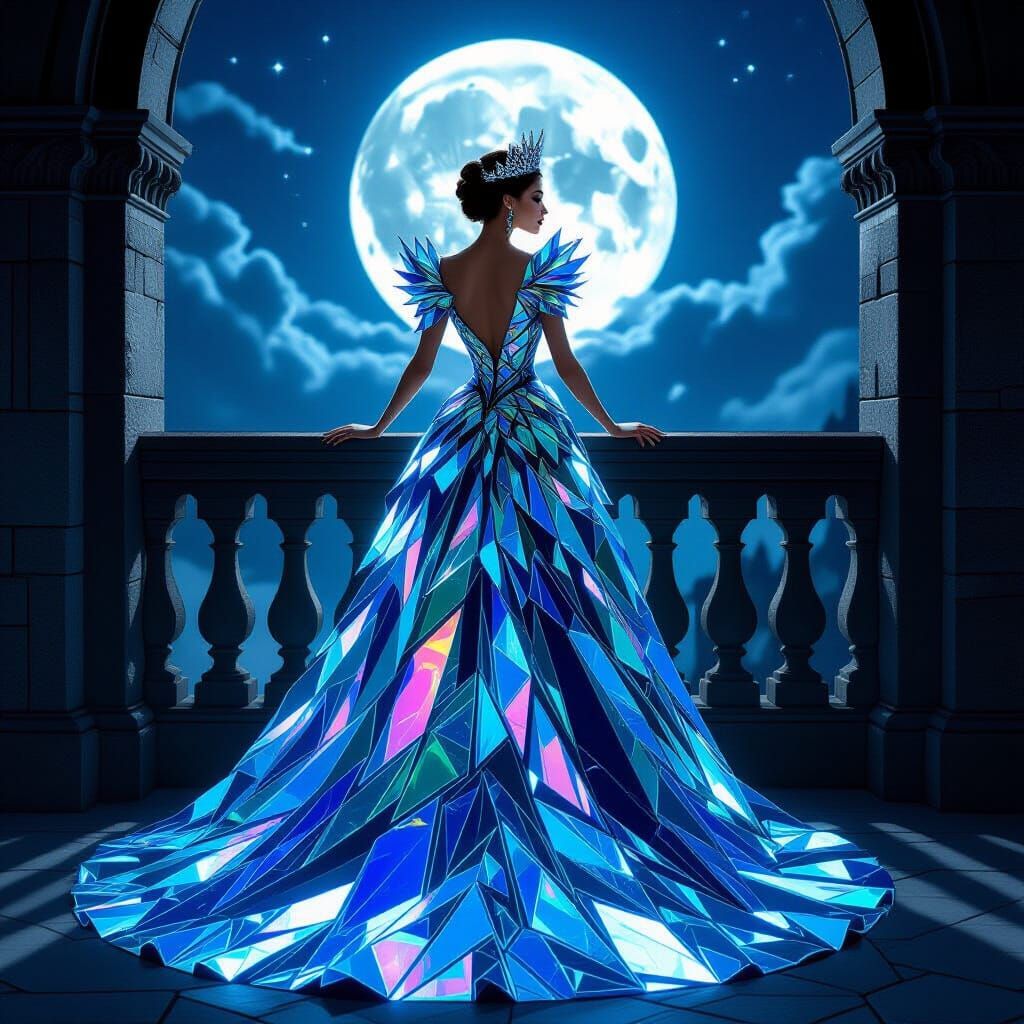 Regal Queen in Shattered Glass Gown on Castle Balcony