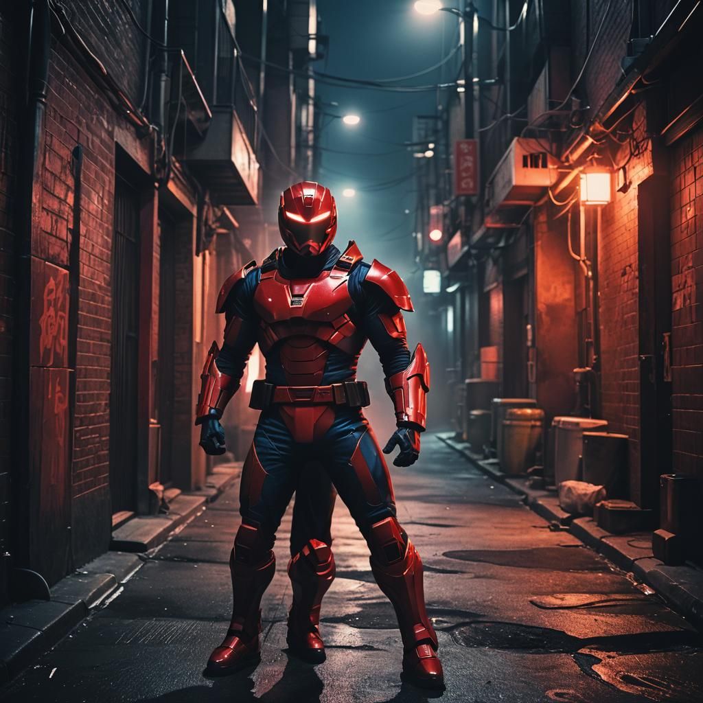 Red Superhero in Dark 80s Fantasy Film