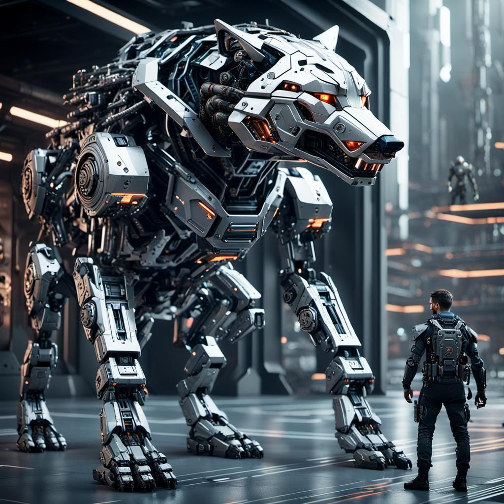 Futuristic Soldier and Cybernetic Wolf in Sci-Fi Armor