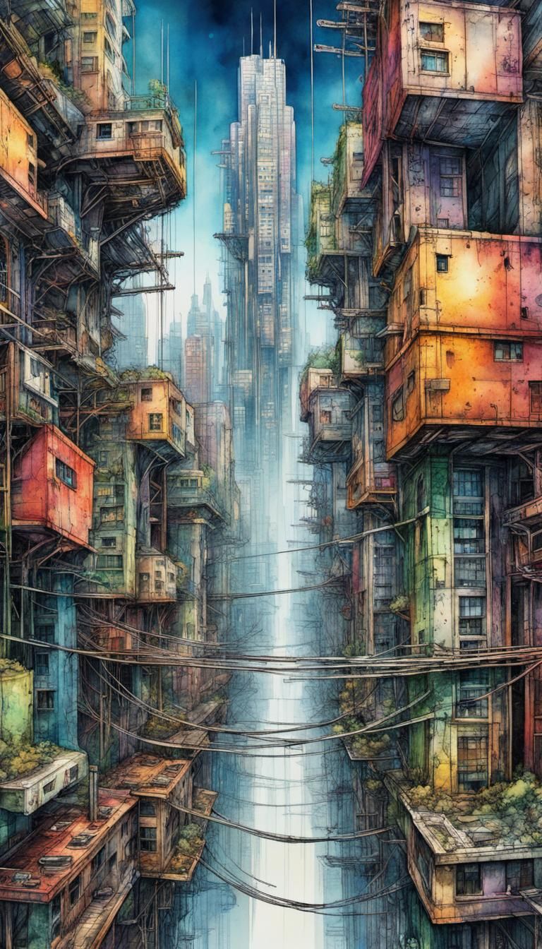 Cyberpunk Cable Cityscape in Watercolor and Ink