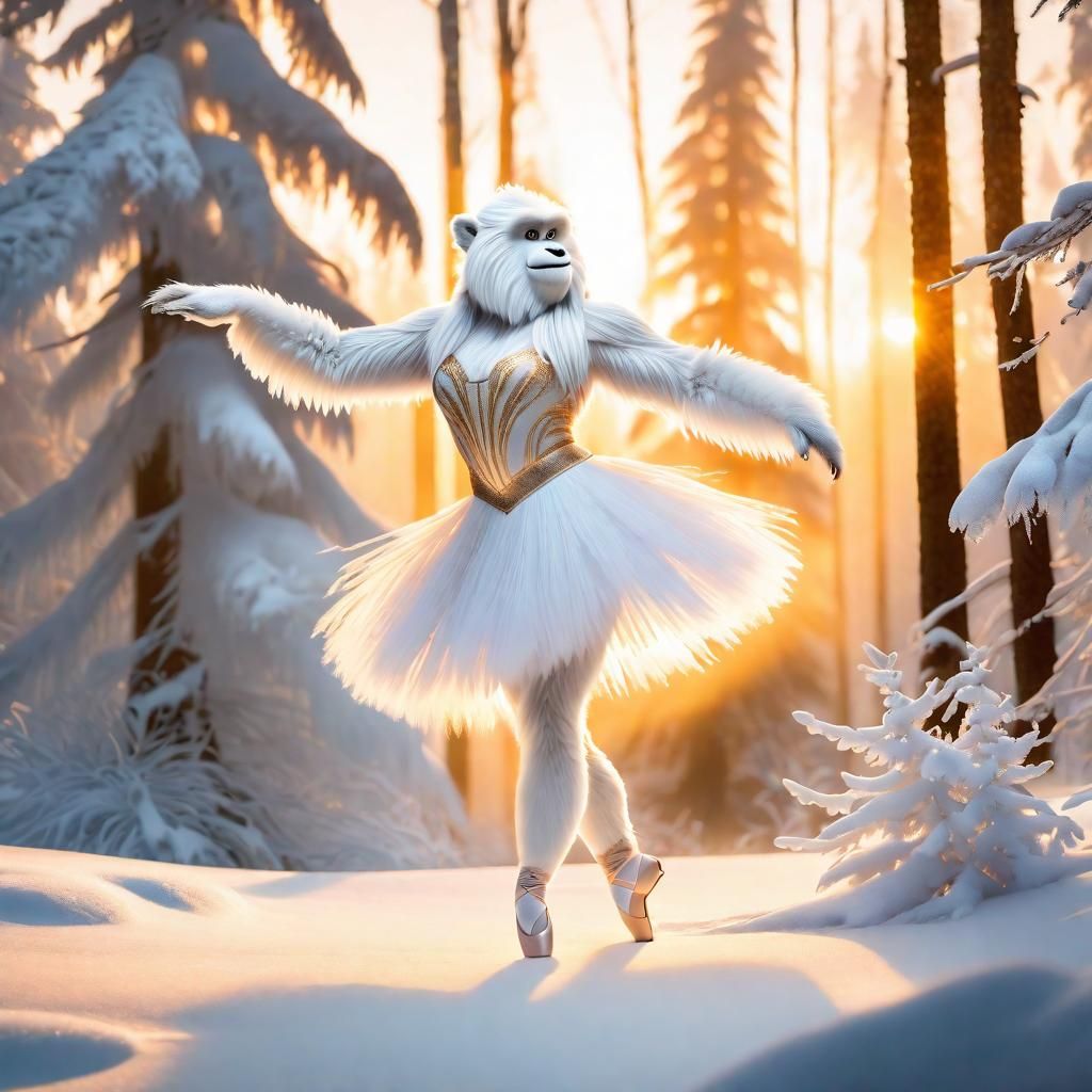 Ballerina Yeti Pirouette in Winter Forest