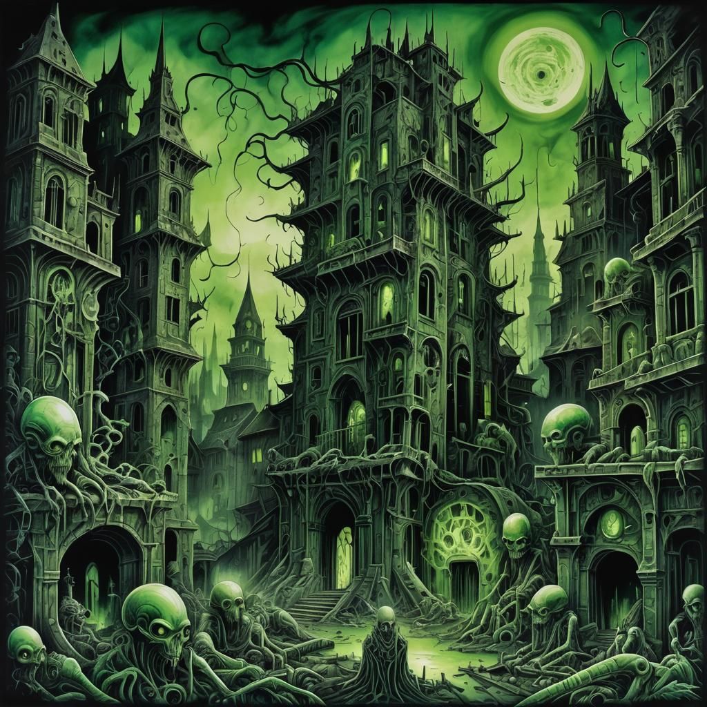 Nightmare Cityscape with Eldritch Creatures as Ink Wash