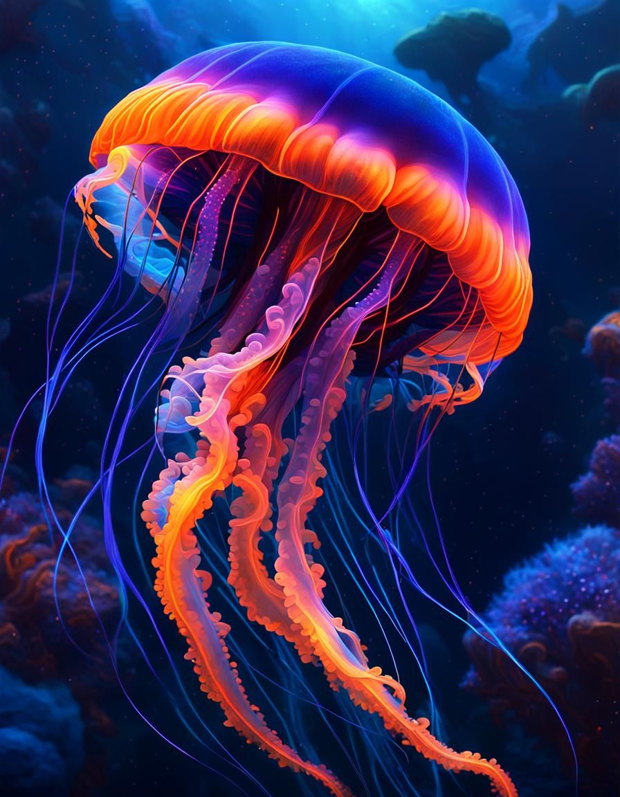 Neon Jellyfish Bioluminescent Glow in Deep Underwater Univer...