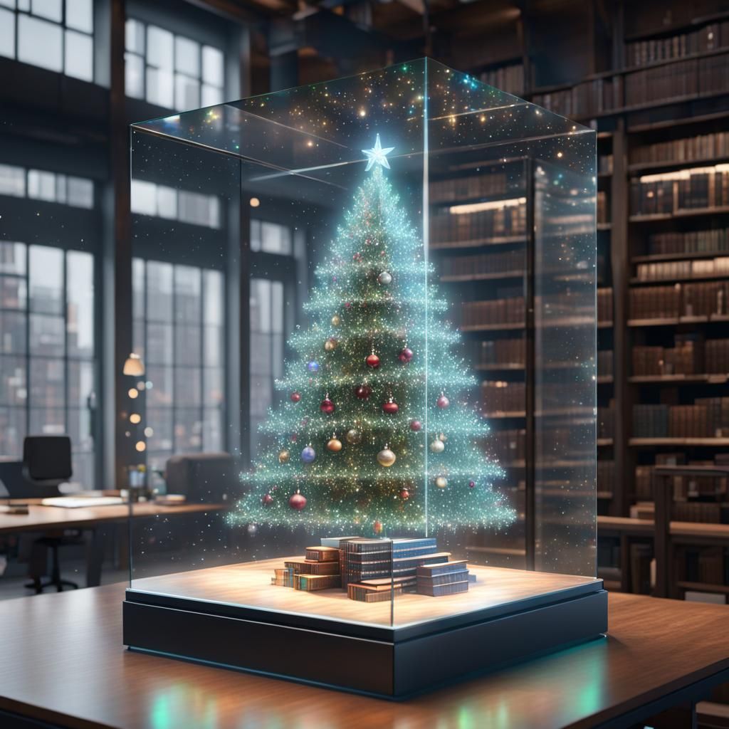 Holographic Christmas Tree in Glass Cube, 3D Render