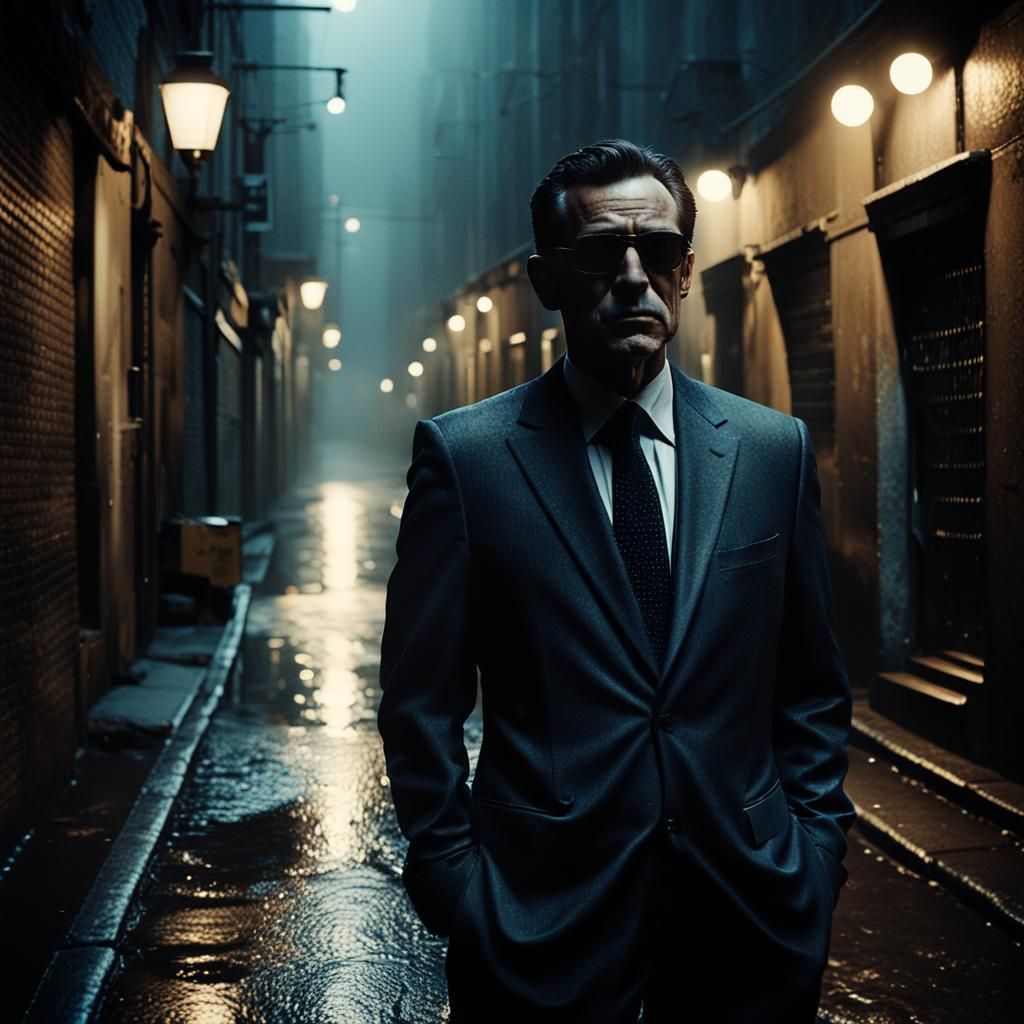Noir Alleyway: Suspicious Man in Shadows