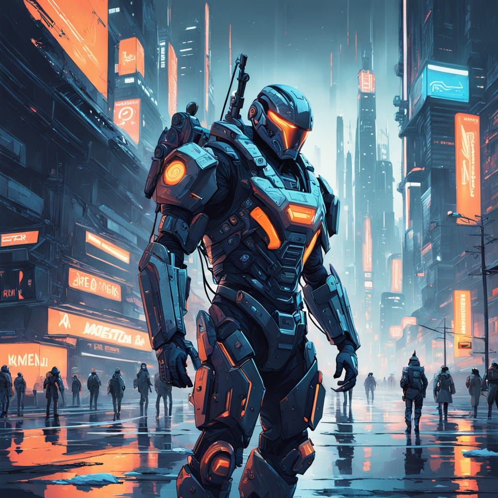 Futuristic Soldier in Dystopian Cityscape