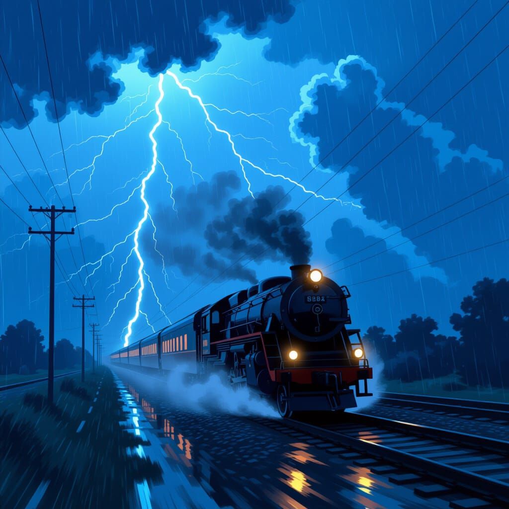 Train Speeding Through Stormy Nightscape