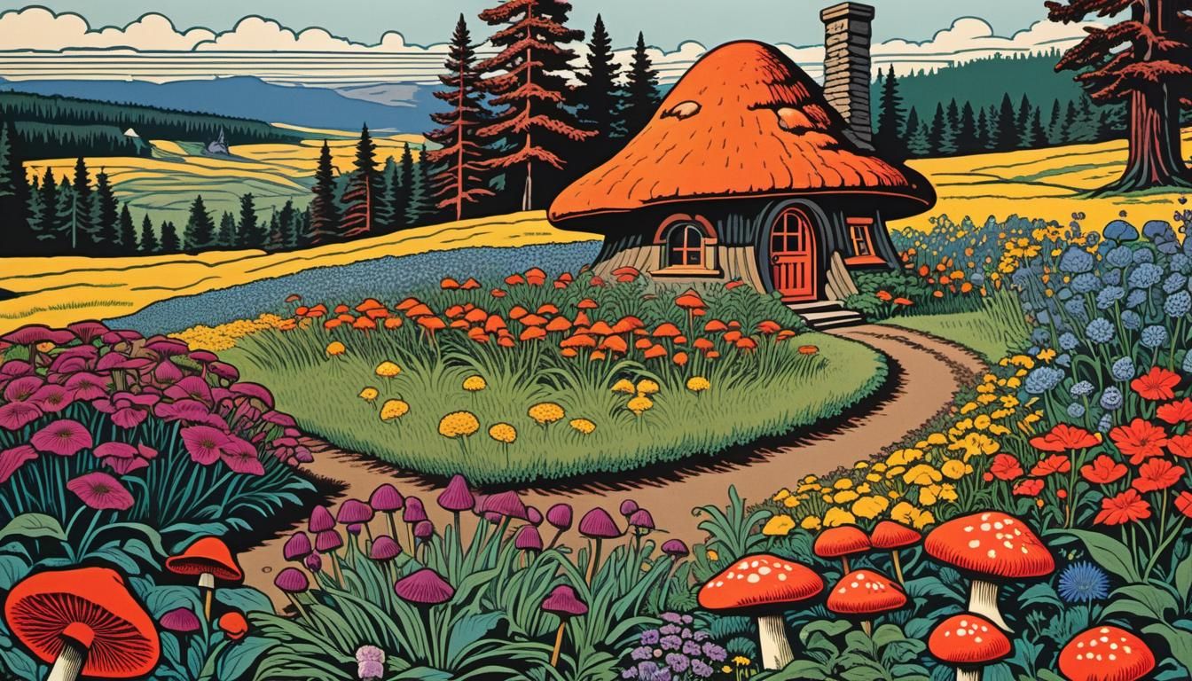 taciturn Teddy Roosevelt in the foreground as a garden gnome. Mushroom shaped house in the midground. wildflowers, lots...