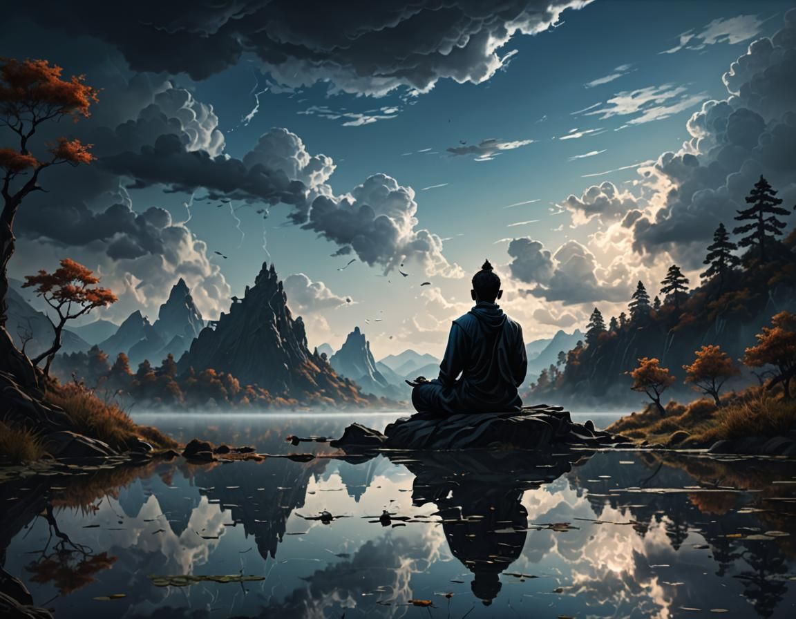 Meditating Silhouette by Lake: Fantasy Concept Art