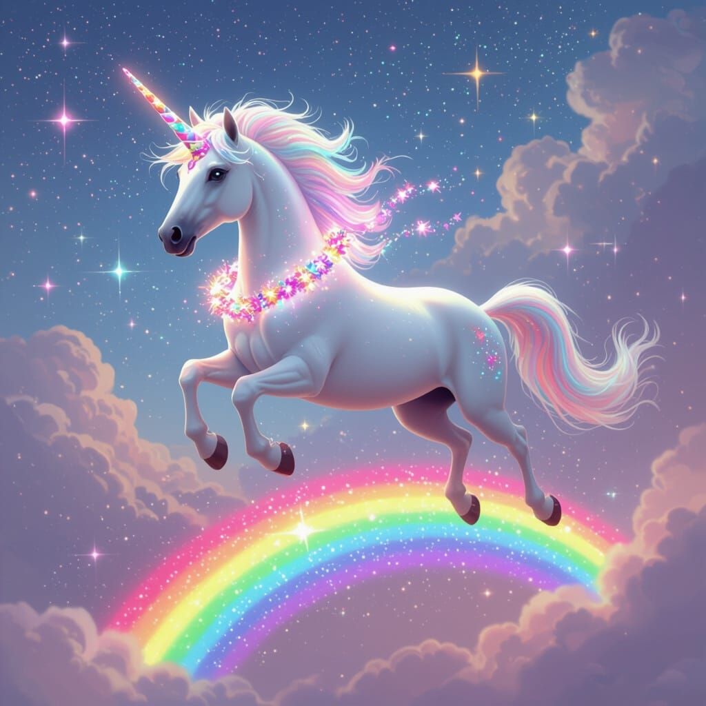Unicorn Leaping on Rainbow with Floral Garland