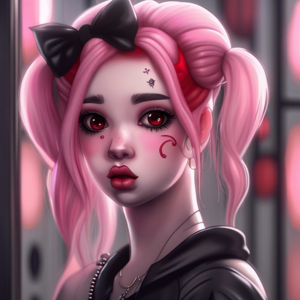 Pastel Goth Girl with Pink Ponytails, Detailed Portrait