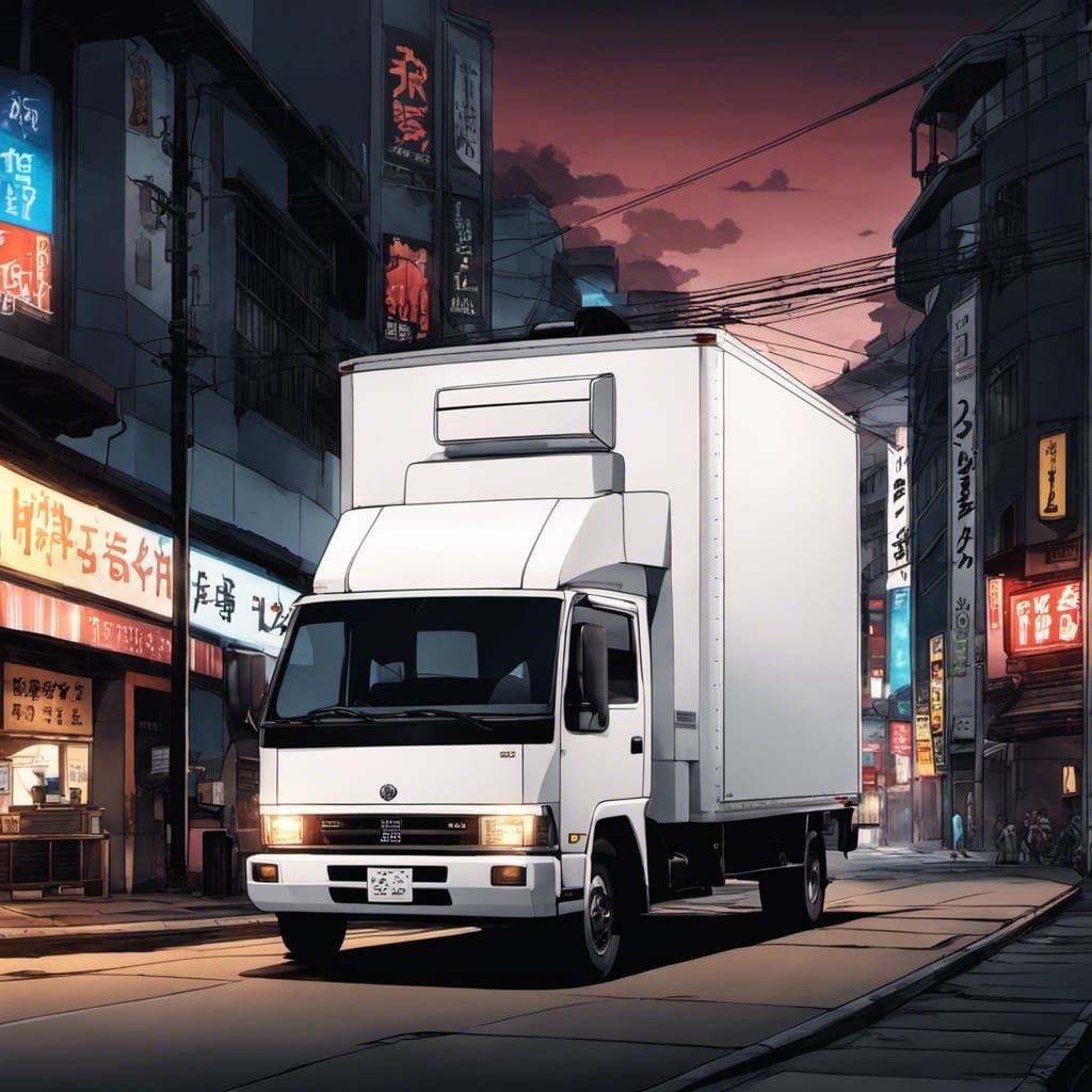 White Box Truck on City Street in Anime Style