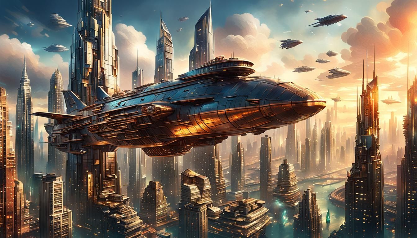 Retro Sci-Fi Sky Captain Soaring Over Metropolis