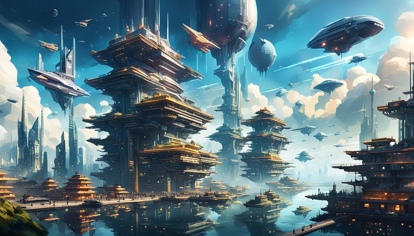 Futuristic Cityscape with Flying Ships, Detailed Concept Art
