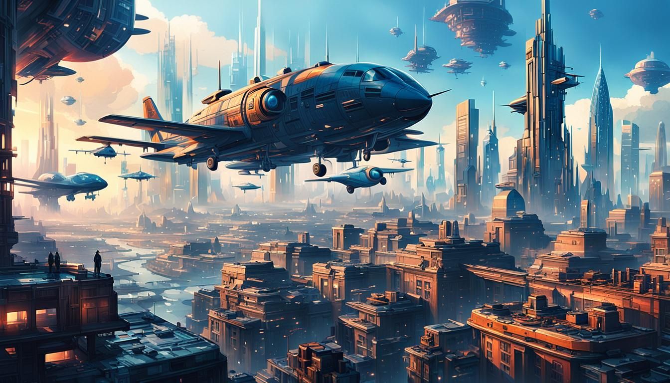Futuristic Cityscape with Retro Sci-Fi Airplanes