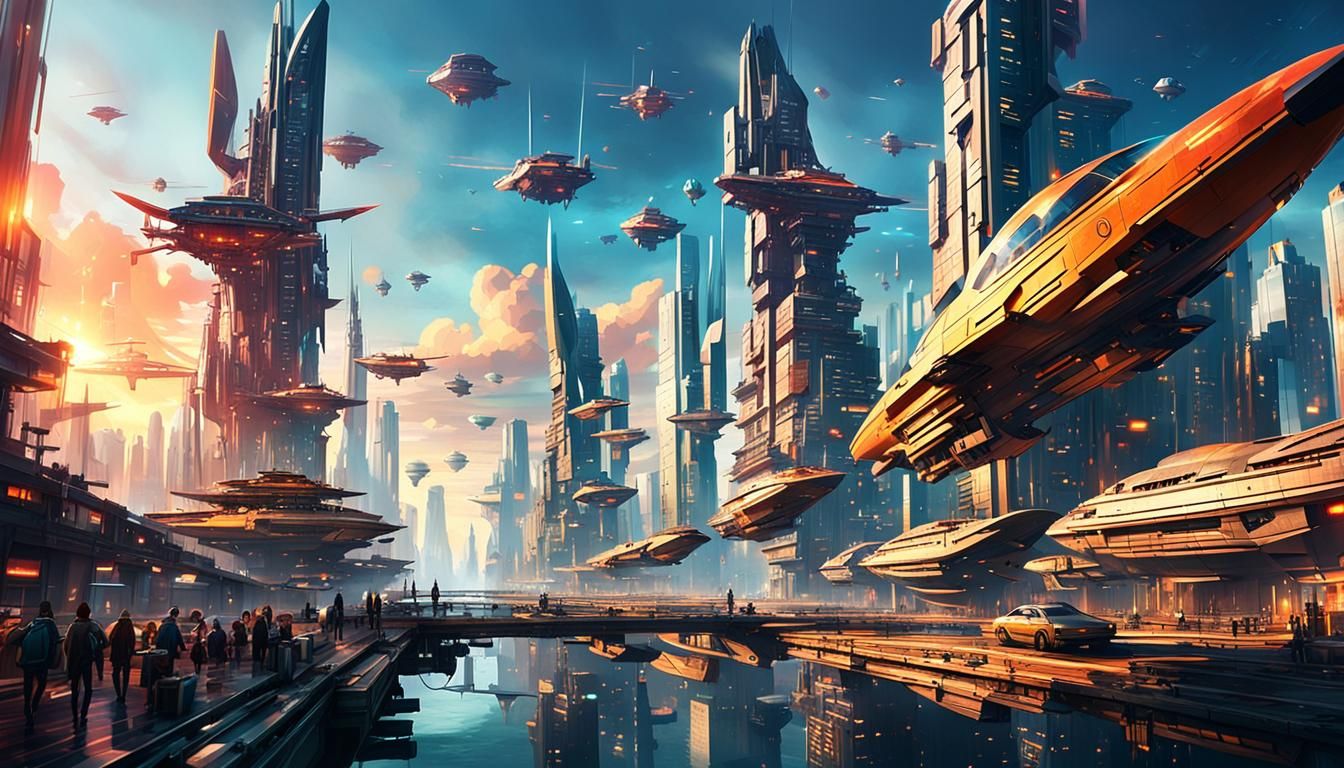 Futuristic Metropolis with Flying Ships: Concept Art