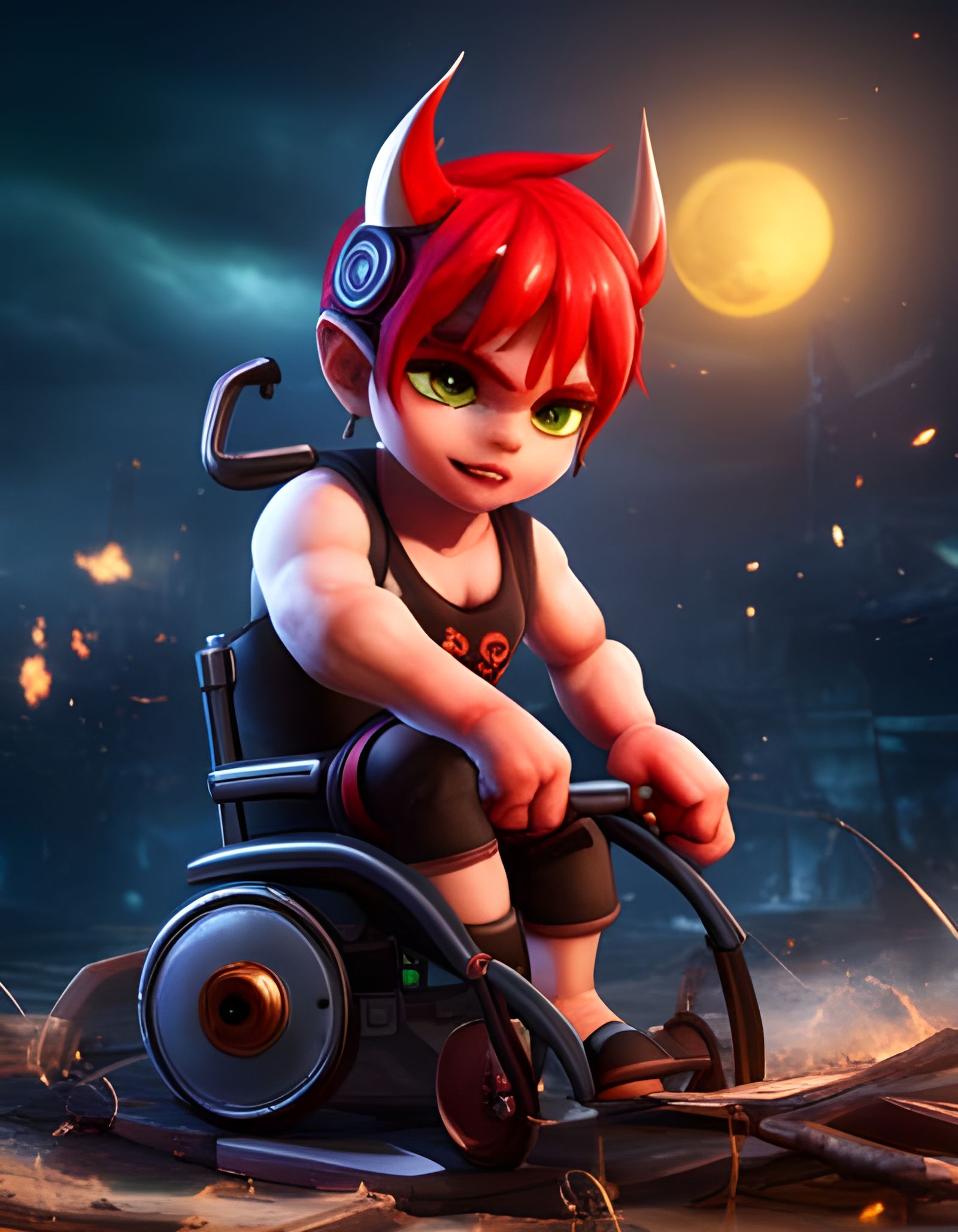 Anime Demon Fighter in Wheelchair: 3D Game Art