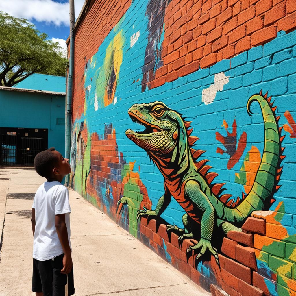 Iguana Street Art on Brick Wall