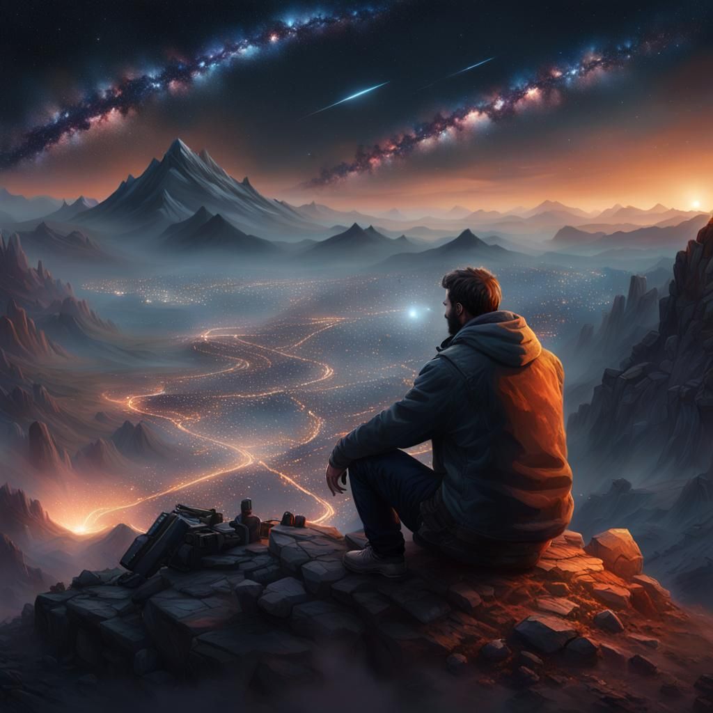 Man Gazing at Milky Way, Hyperrealistic Concept Art