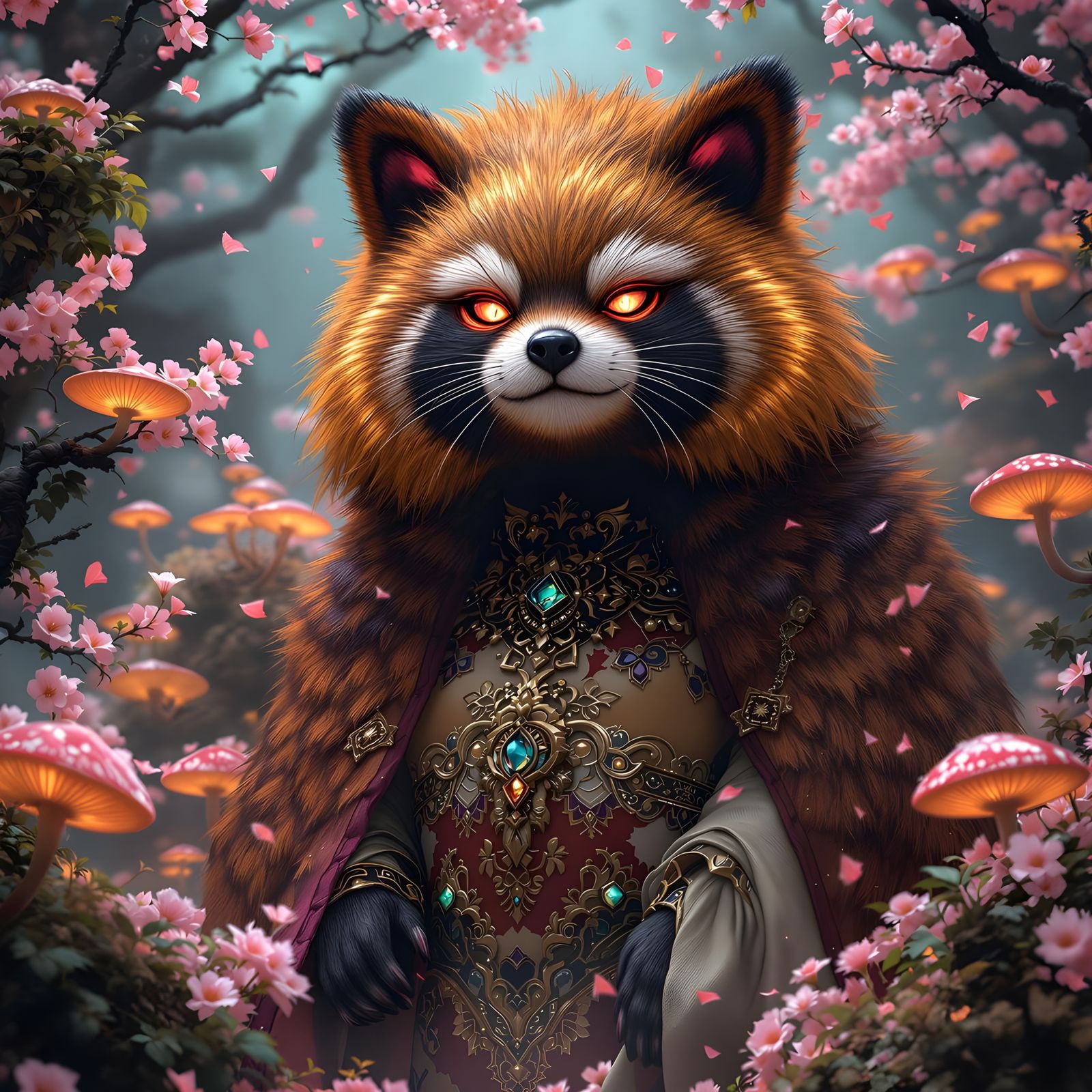 Majestic Tanuki Goddess in Vibrant Fantasy Realm