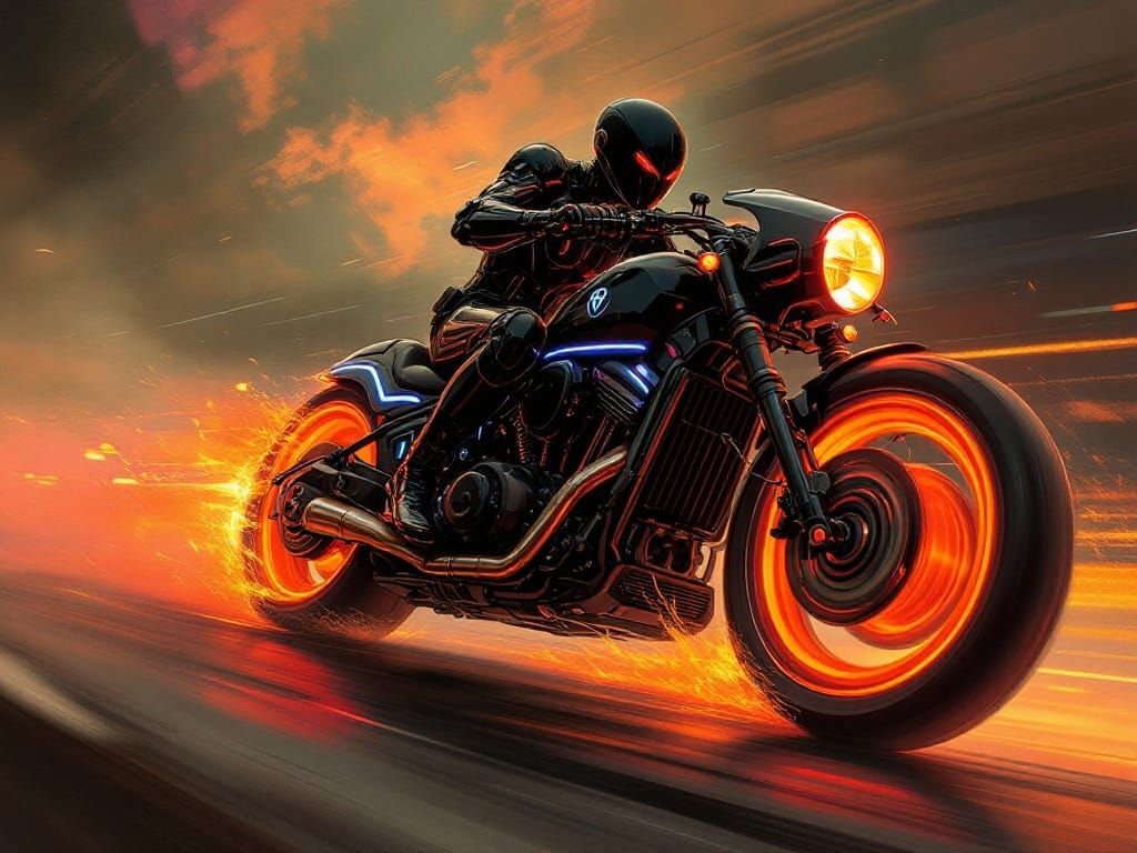 Futuristic Motorcyclist in a Dazzling Neon Storm