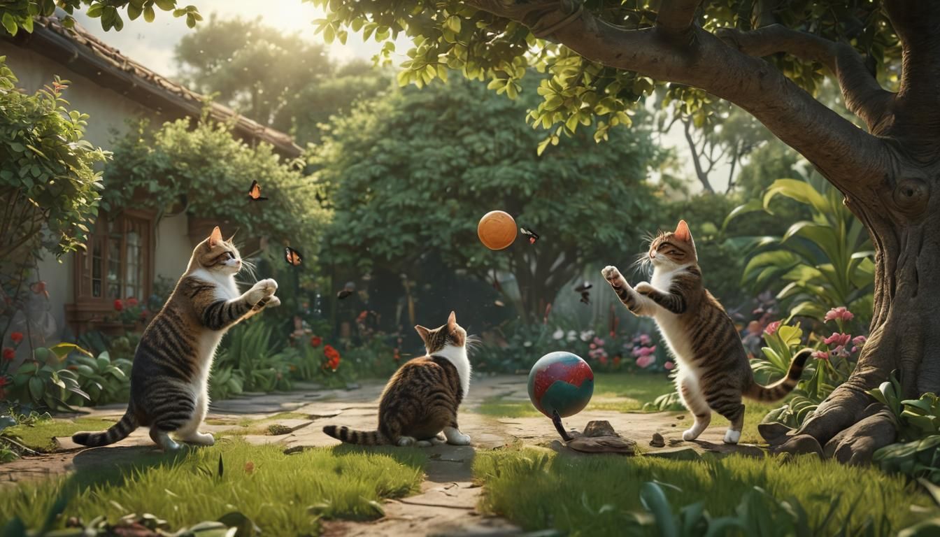 Cats playing in a garden