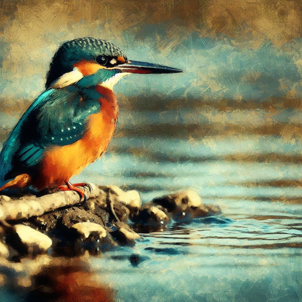 Kingfisher Perched on Water's Edge in Naturalist Oil Paintin...