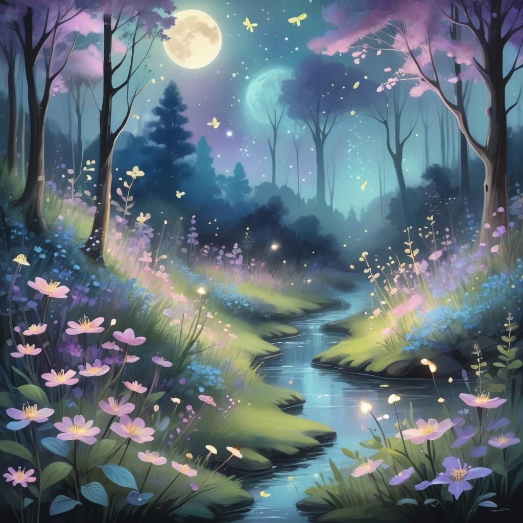Create magical woodland scene. Night time. Mostly deep purpl...
