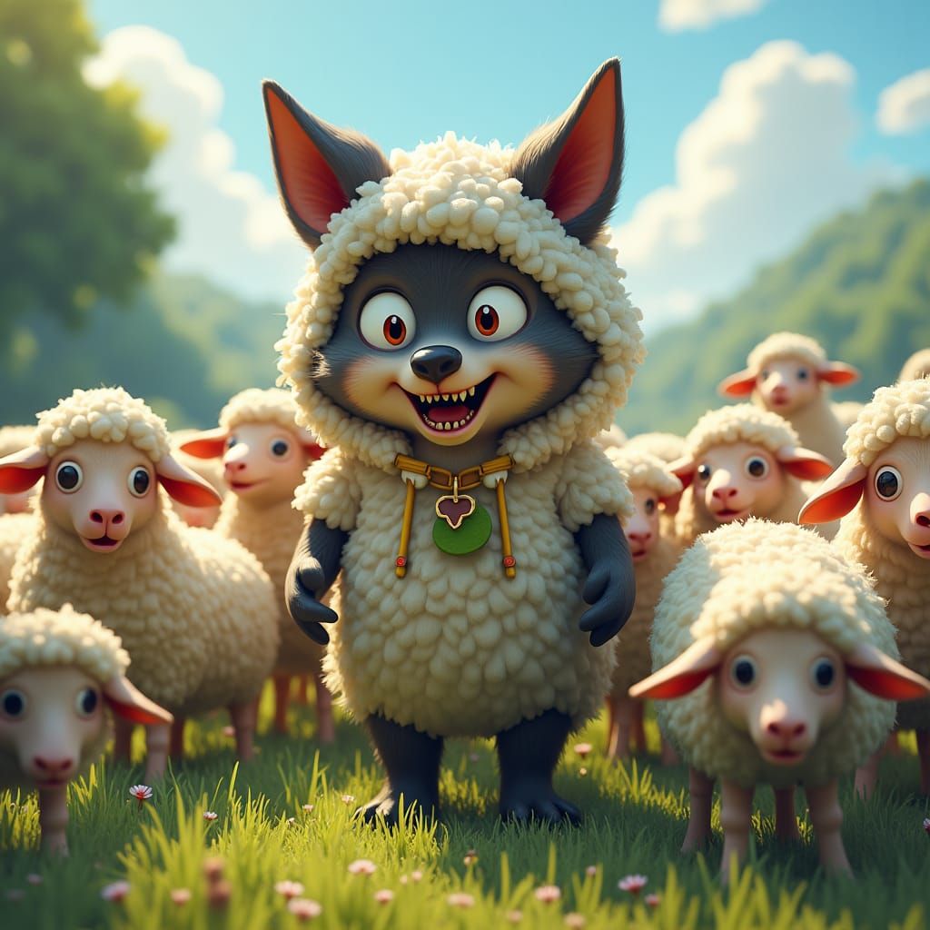 Menacing Wolf in Sheep's Clothing, Cartoon Style