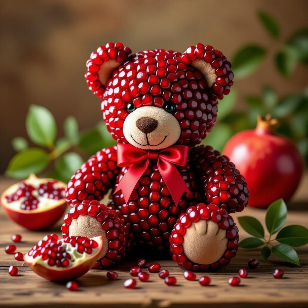 Pomegranate Teddy Bear on Wooden Surface