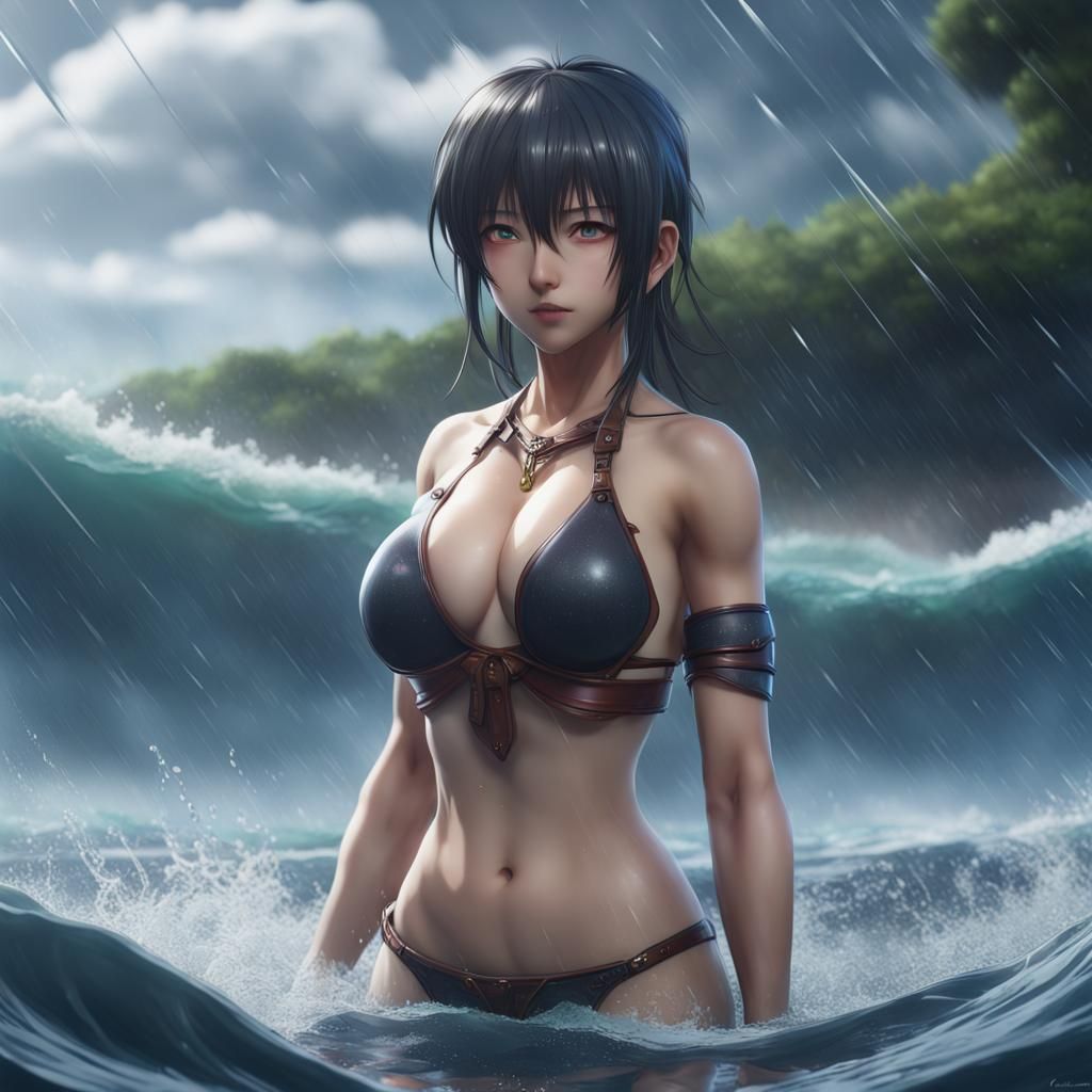 Anime Woman in Rain, Detailed Fantasy Art