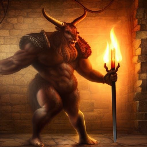 Minotaur Warrior in Stone Dungeon, Fantasy Concept Art