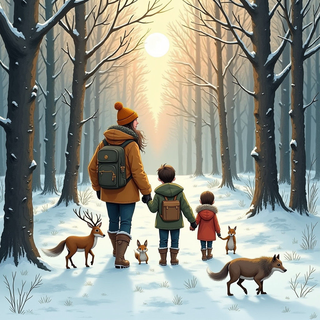 Winter Forest Scene with Family and Animals