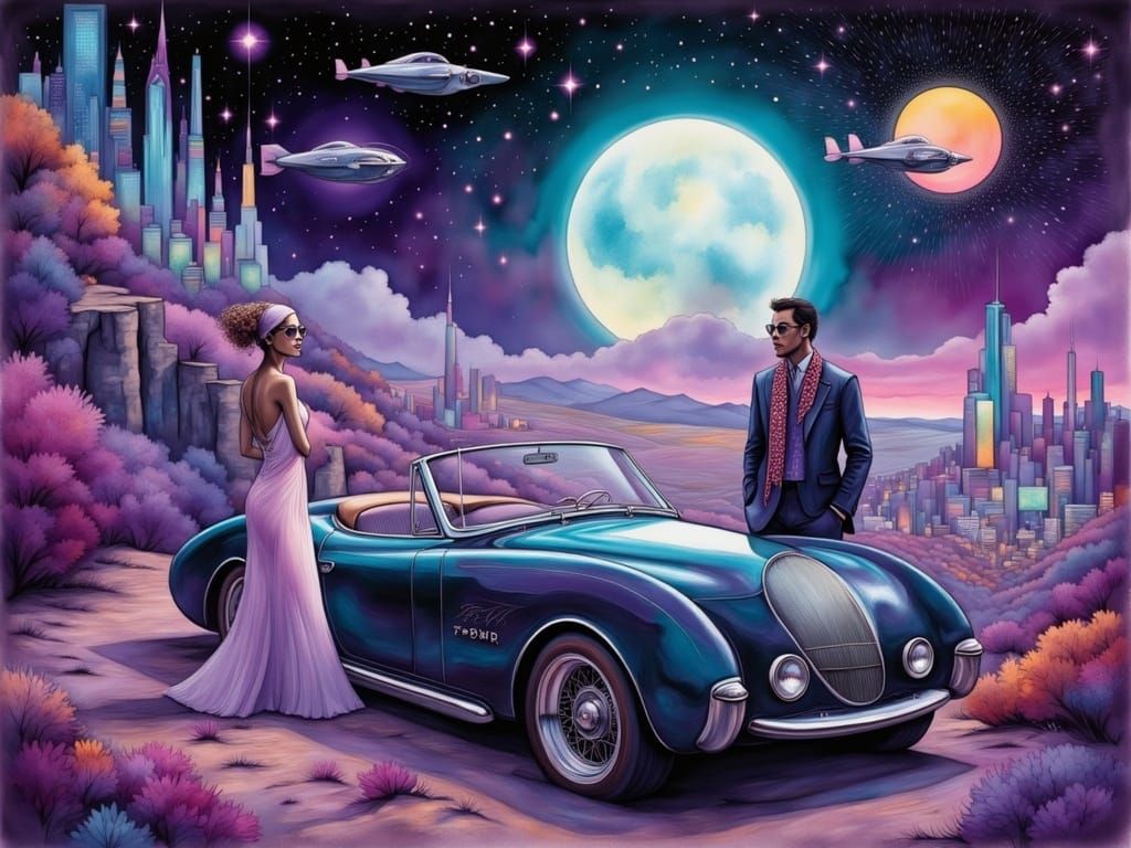 Elegant Woman in Futuristic Cityscape