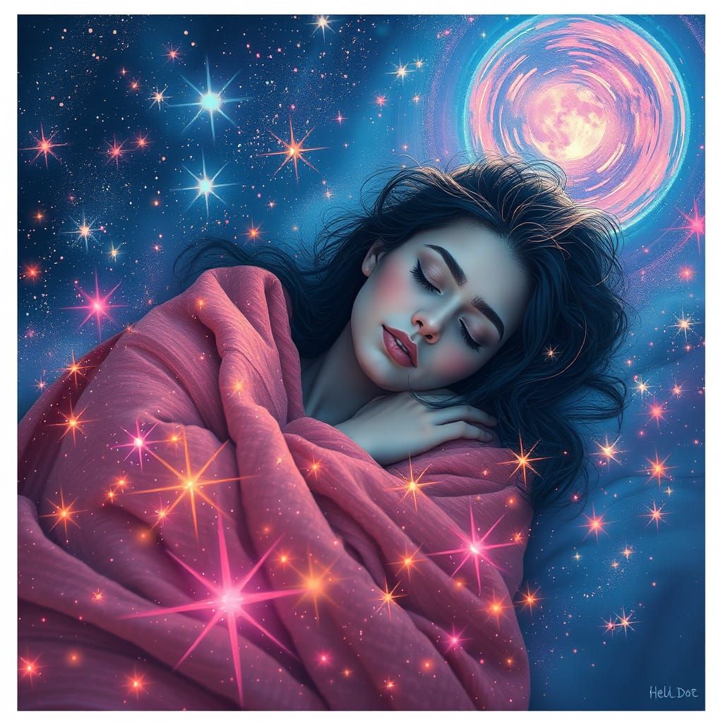 Dreamy Double Exposure: Sleeping Woman Amidst Shimmering Sta...