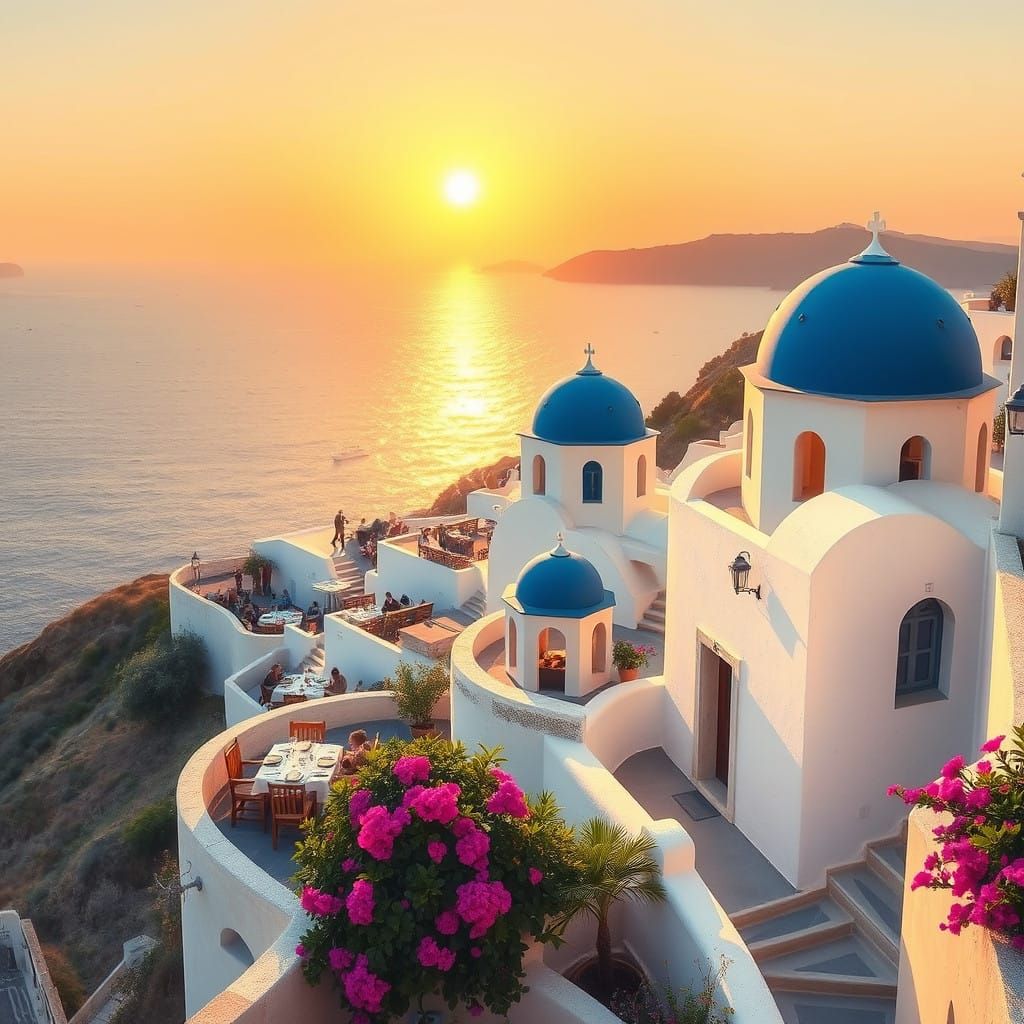 Santorini's Dreamy Cliffside Tavernas in Warm Golden Light
