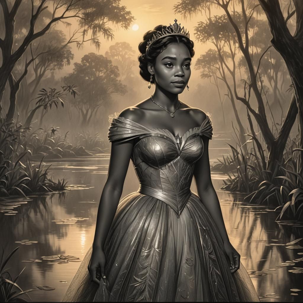 Princess Tiana in Misty Bayou: Charcoal Drawing