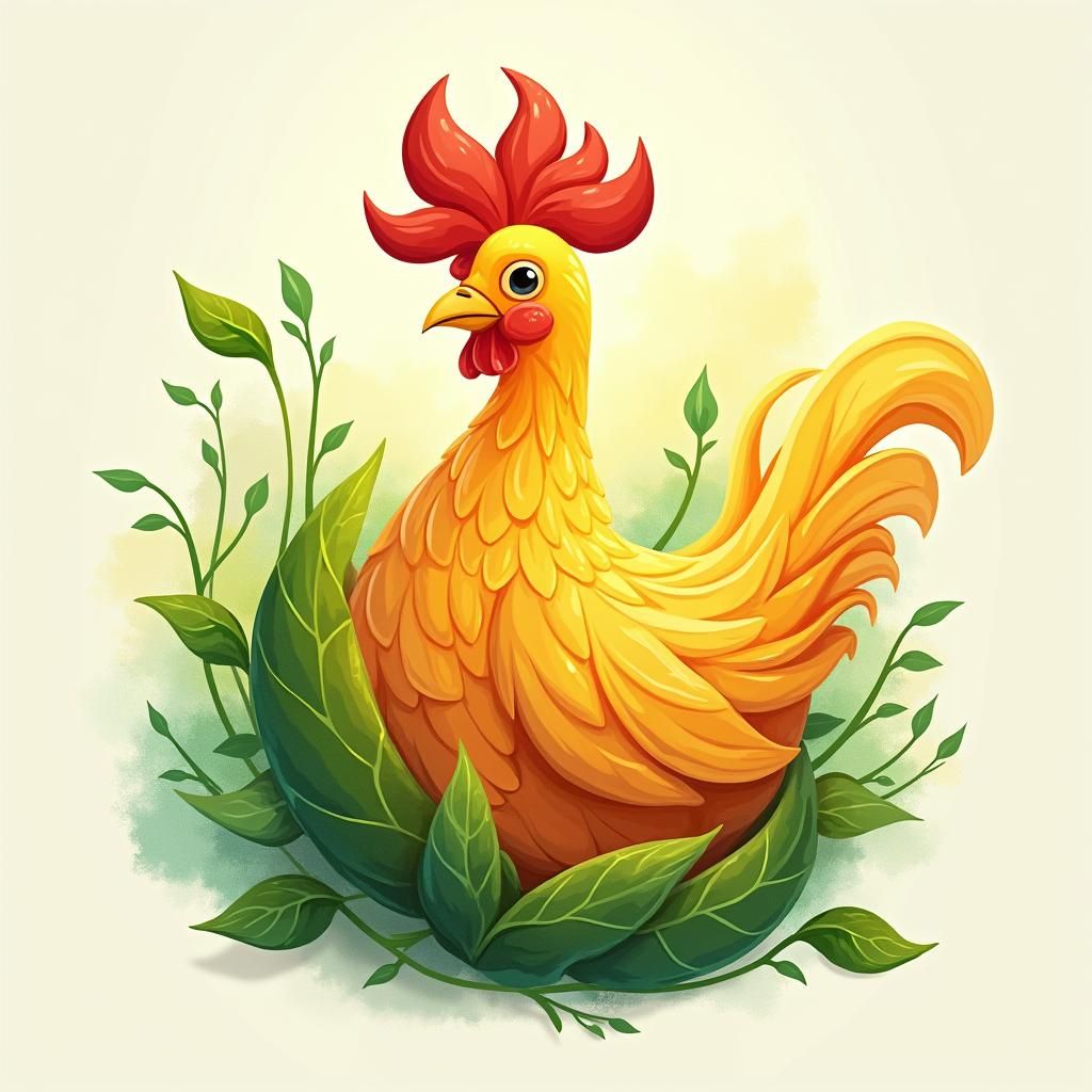 Whimsical Chicken Logo with Lime Leaves in Matte Painting