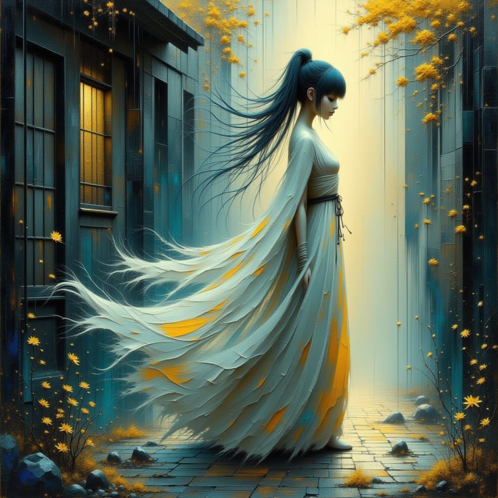 Mystical Woman in Misty Alley: Dreamlike Art